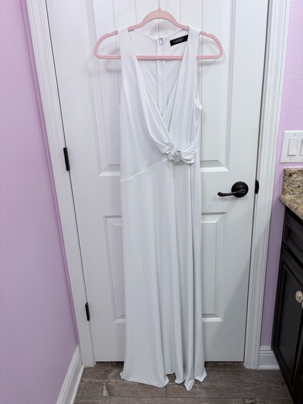 Ralph Lauren White Sleeveless V-Neck Maxi Dress with Side Knot